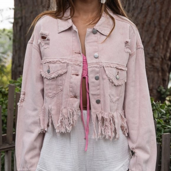 Distressed Fringe Oversized Denim Jacket – powder, pink - Picture 6 of 9